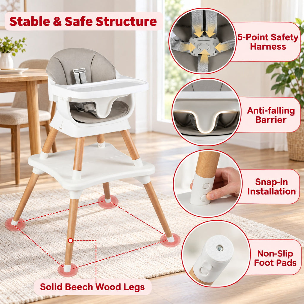Airfind 9-in-1 Convertible High Chair with Solid Wood Legs for Babies and Toddlers, 33 lbs Capacity, PP Frame, for 6 months to 3 years old, White