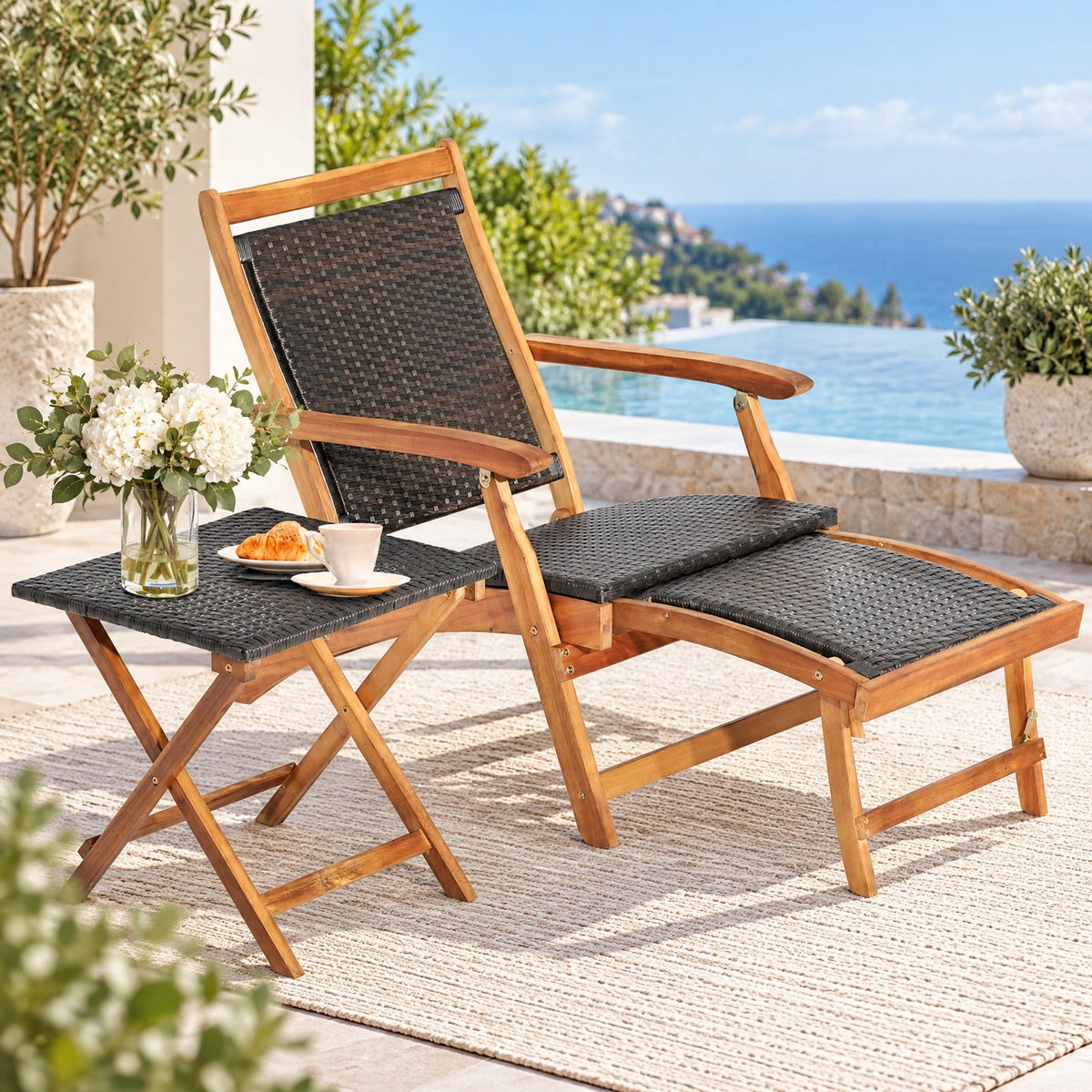Airfind 2 Pieces Patio Rattan Folding Lounge Chair with Acacia Wood Table, Acacia Wood PE Rattan Steel Frame, 18 x 18 x 18 inch Footprint, Wood