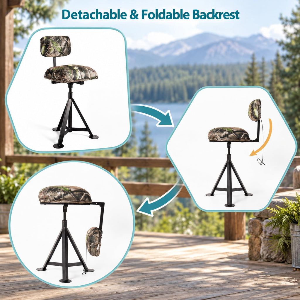 Airfind Swivel Hunting Chair Tripod Blind Stool with Detachable Backrest, 330 lbs Capacity, Steel fabric Frame, 16 Inch x 15 Inch x 30 Inch -38.5 Inch Footprint