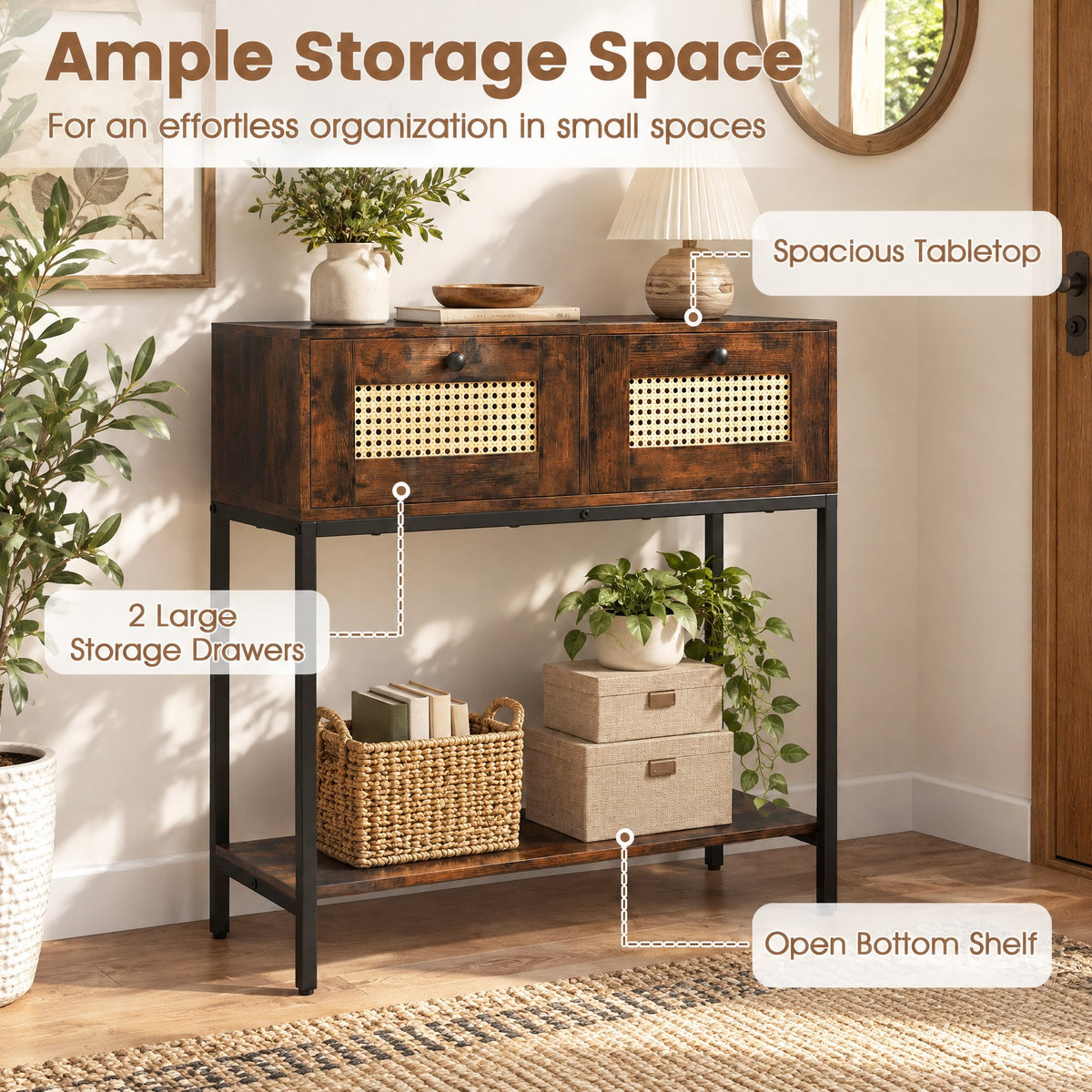 Airfind Rattan Console Table Boho Entryway Table with 2 Rattan Drawers and Open Storage Shelf, 88 lbs Capacity, Brown