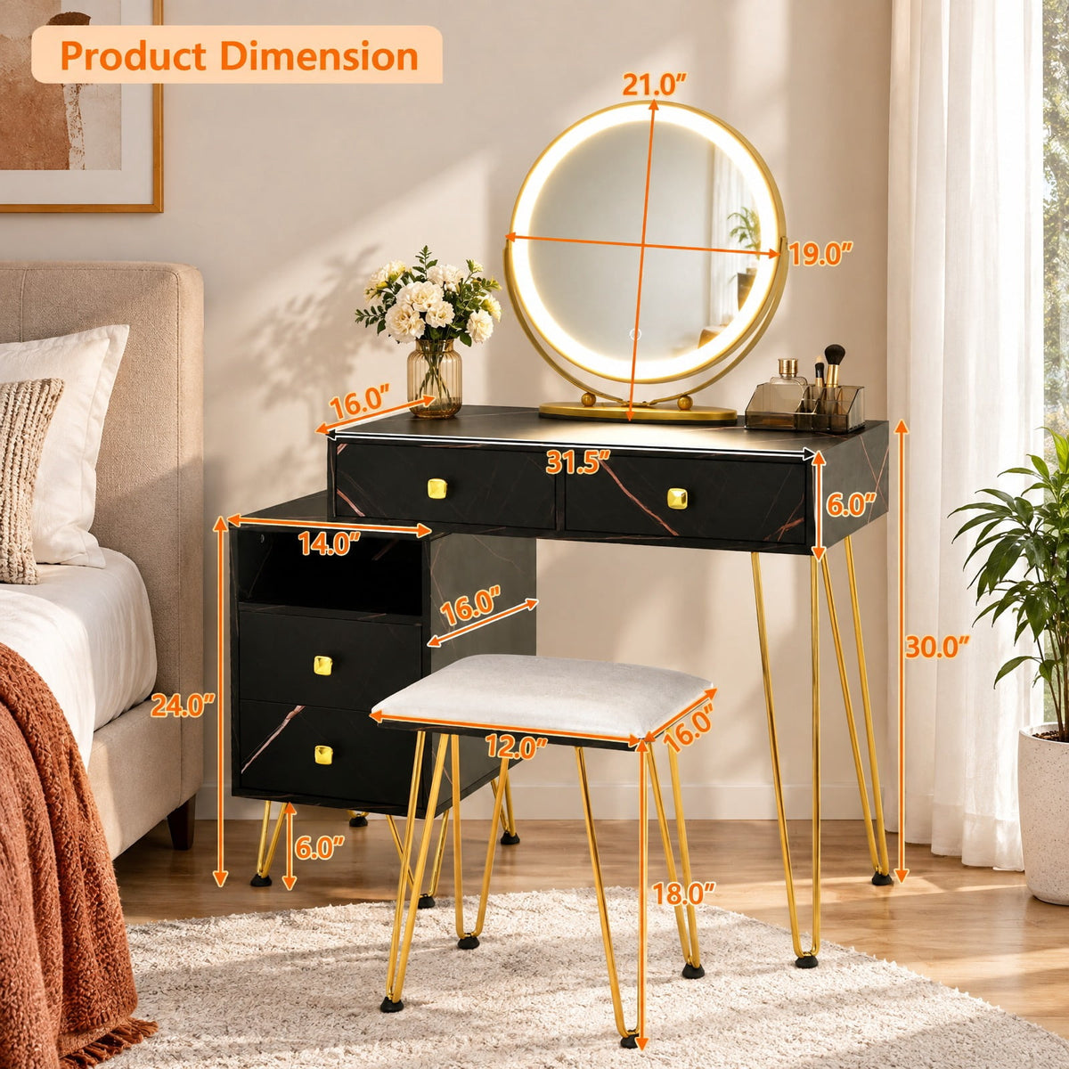 Airfind Modern Dressing Table with Storage Cabinet, 88 lbs Capacity, Steel plywood wood sponge glass Frame, 31.5in x 16in x 30in Footprint, Black
