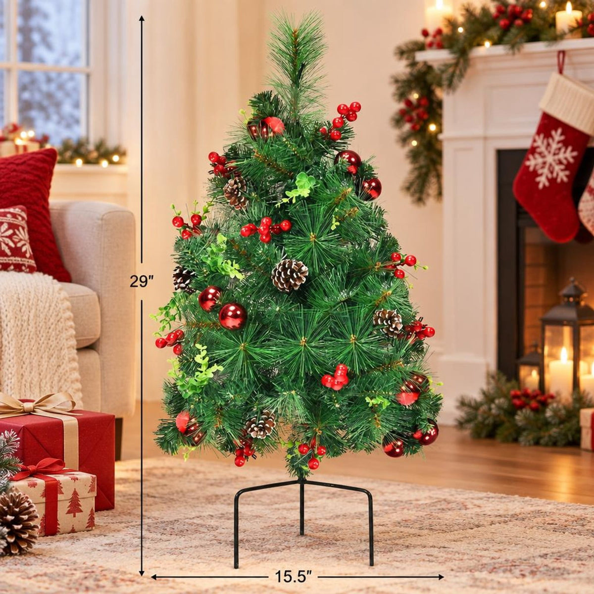 Airfind Set of 2 29 Inch Battery Powered Pre, PVC PET Metal PE Tree Height: 25 Tree Width: 16 Length of Ground Stakes: 4 Frame, Green