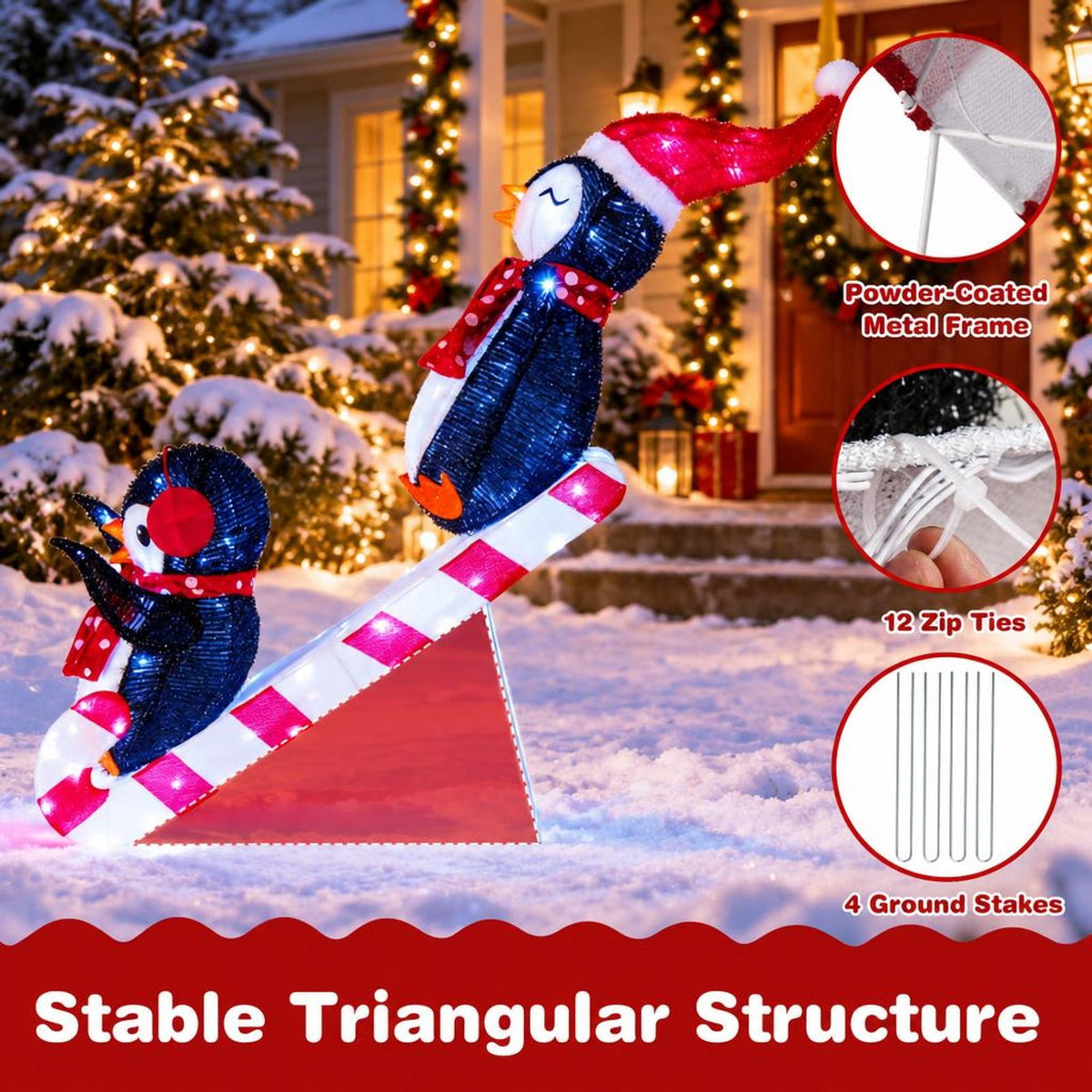 Airfind Lighted Christmas Decoration Penguins 3D Pre-Lit Penguins Slide with 170 LED Lights, Metal Frame, Multi-color