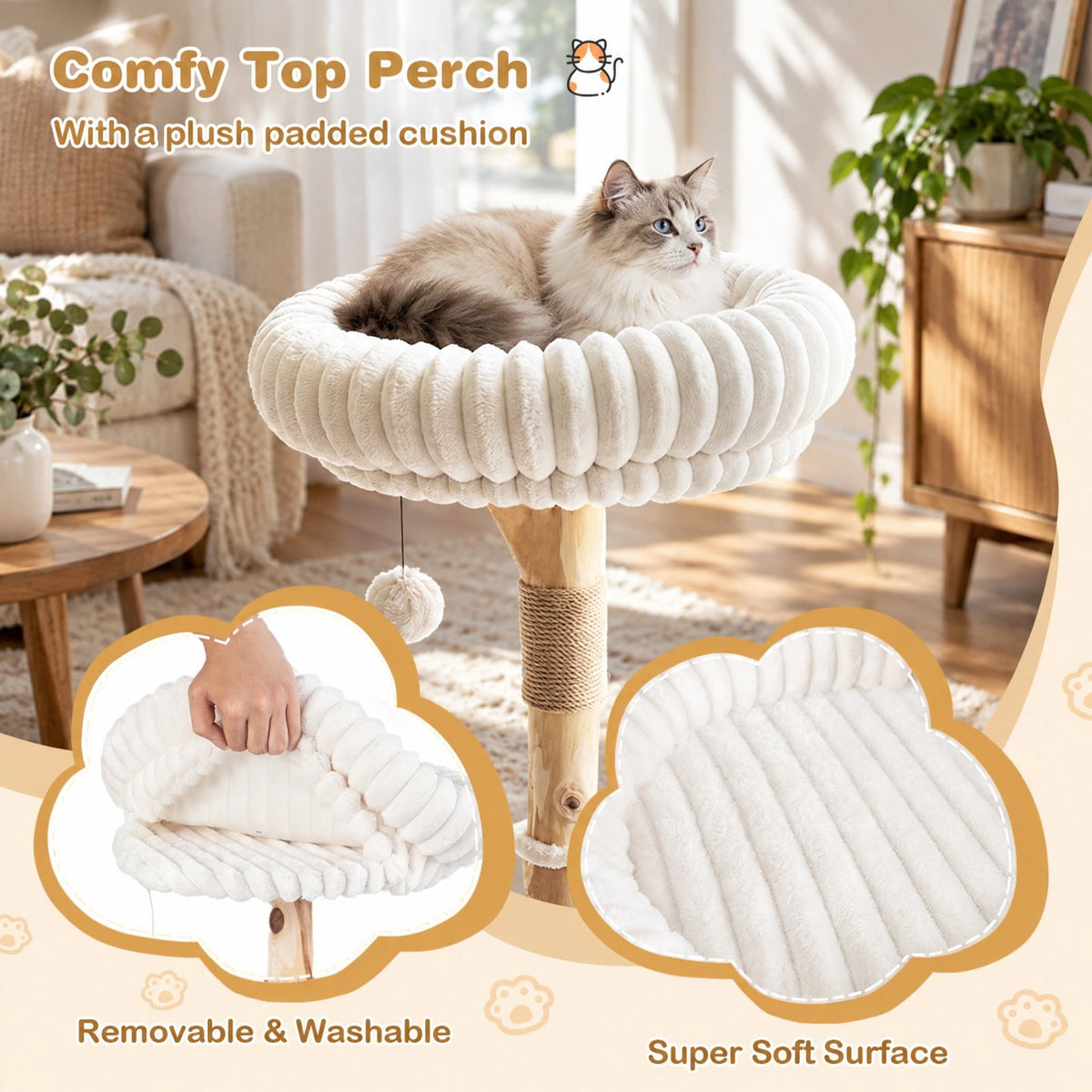 Airfind 41 Inch Tall Modern Cat Tower with Real Wood Branches Scratching Posts for Indoor, Beige, a distinctive shape and rich wood grain