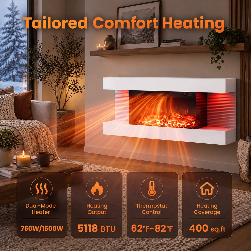 Airfind 3-Sided White Wall Mount Electric WiFi Fireplace with Floating Mantel and 12 Flame Ambient Colors-32 inch, Metal Tempered Glass Frame, White