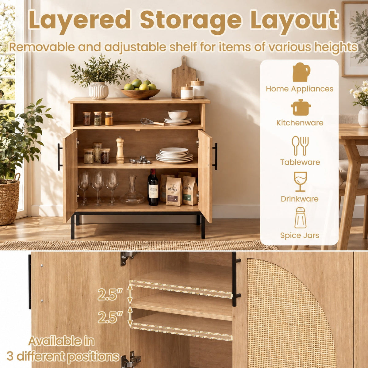 Airfind 32 Sideboard Buffet Cabinet with 2 Natural Rattan Decorated Doors and Adjustable Shelf, 145 lbs Capacity, 32 x 15 x 32.5 Footprint