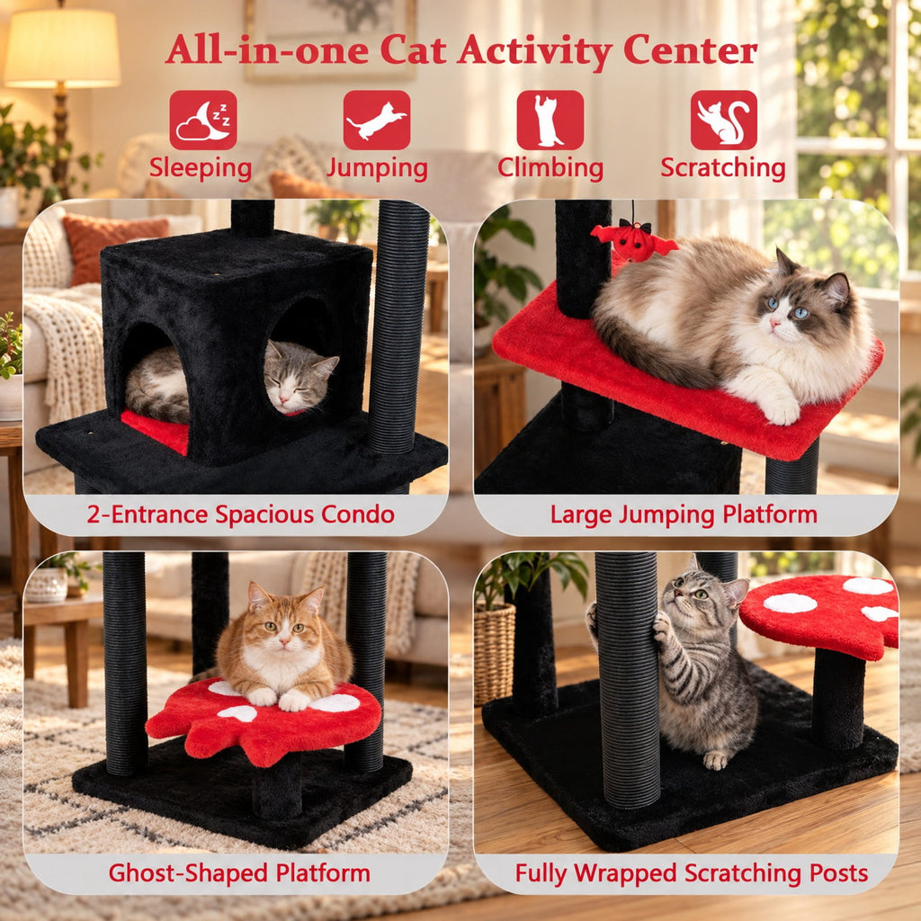 Airfind 57 Inch Spooky Cat Tower with Padded Perch and Spider-shaped Hanging Toy, 22 Lbs Capacity, Ghost-shaped Platform Adds a Playful Touch, Red