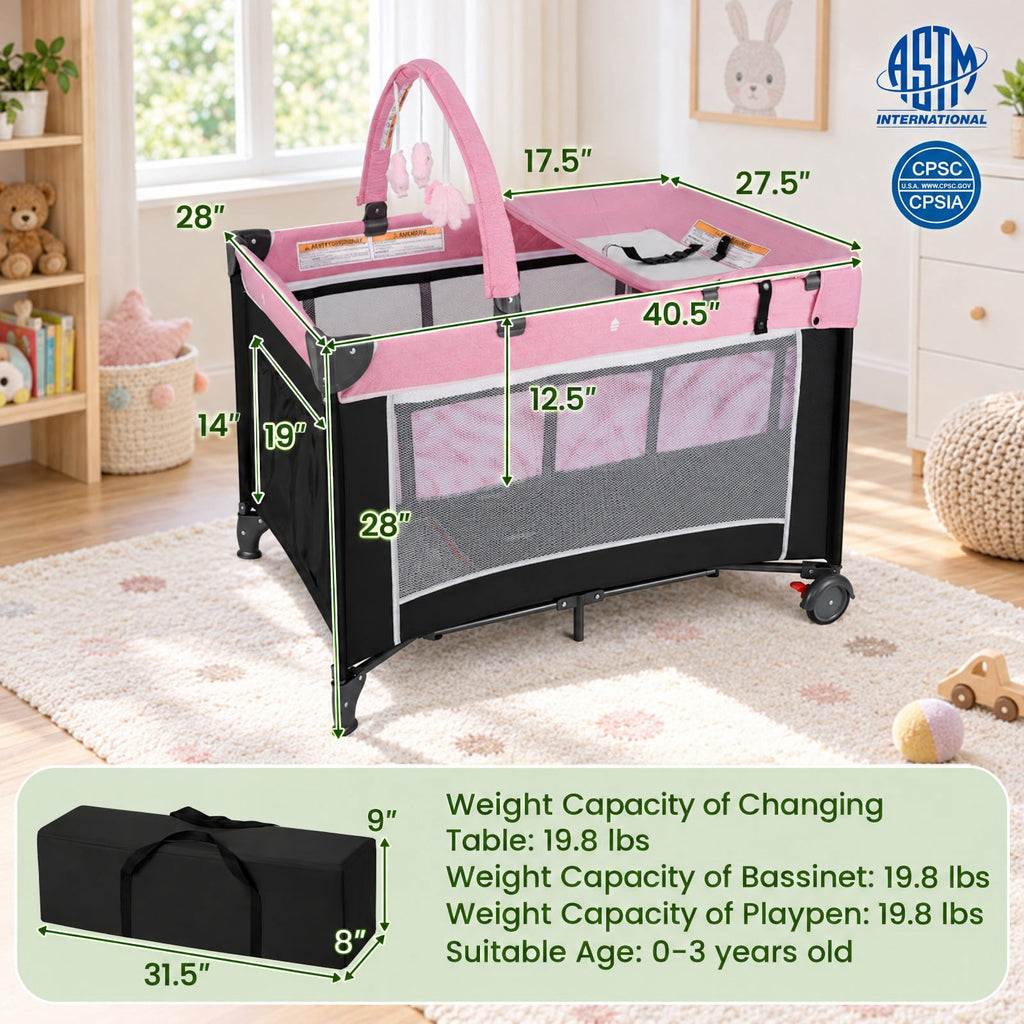Airfind 3-in-1 Portable Baby Crib and Playpen with Changing Table, 19.8 lbs Capacity, Oxford Fabric PP Metal Mesh Cloth Frame, for 0-3 years old