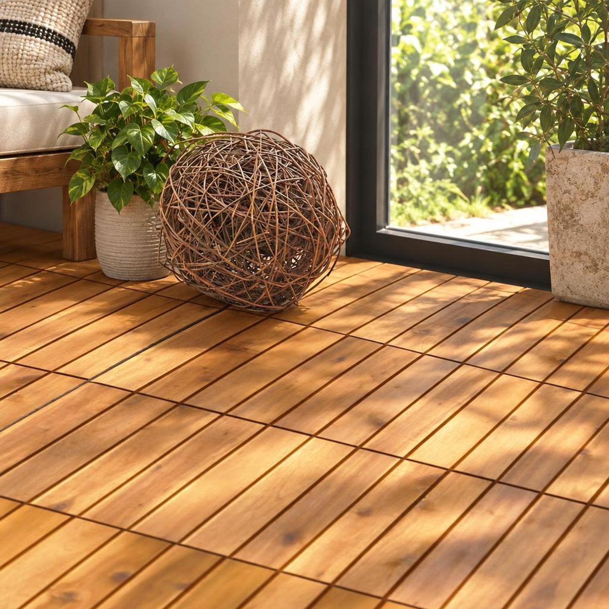Airfind 27 Pieces Acacia Wood Interlocking Patio Deck Tile, Acacia Wood Plastic, 12 Inch X 12 Inch X 1 Inch (l X W X L) Covering Area: 27 Sq.ft, Natural