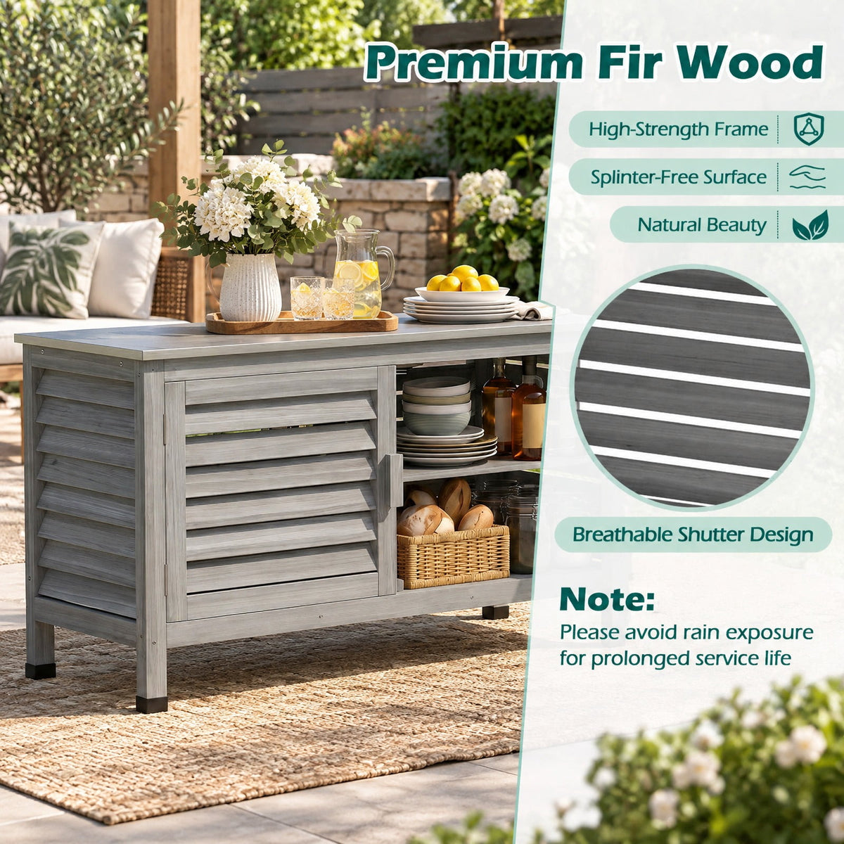 Airfind Patio Storage Cabinet with Stainless Steel Countertop and L-Shaped Shelf for Garden, 66 lbs Capacity, Fir Wood Stainless Steel Rubber Frame