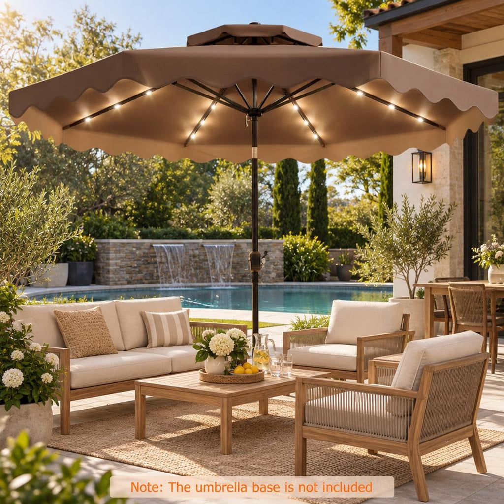 Airfind 9 FT Solar LED Patio Umbrella Push-Button Tilt and Crank 24 LED Lights and 8 Ribs, Polyester Fabric Metal Frame, 9 x 8.2 ft Footprint, Brown
