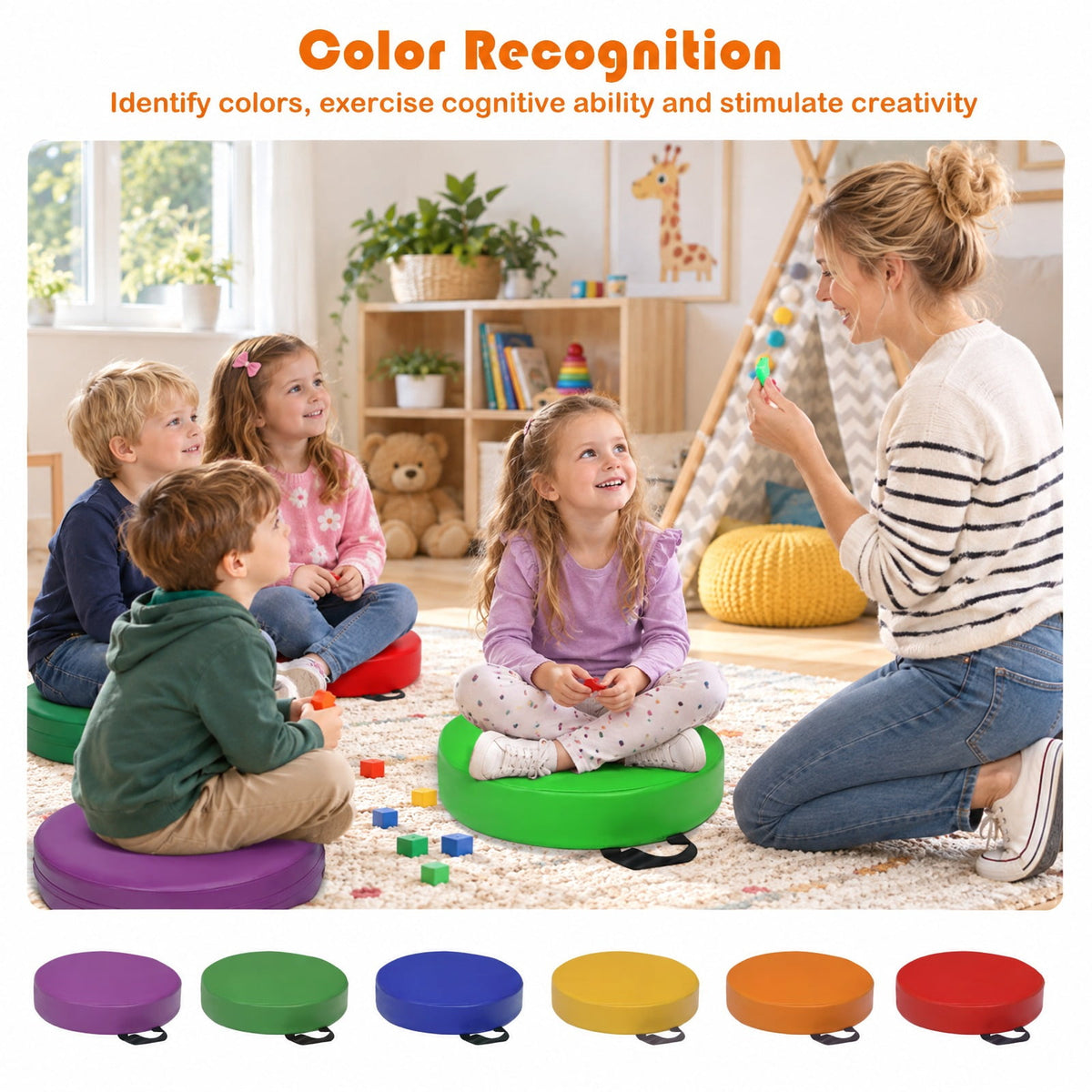 Airfind s 15 Inch Round, 6 Piece, Youth Floor Cushions for Youth, PU EPE Frame, for 9 Months and older with Functional Design, Multicolor