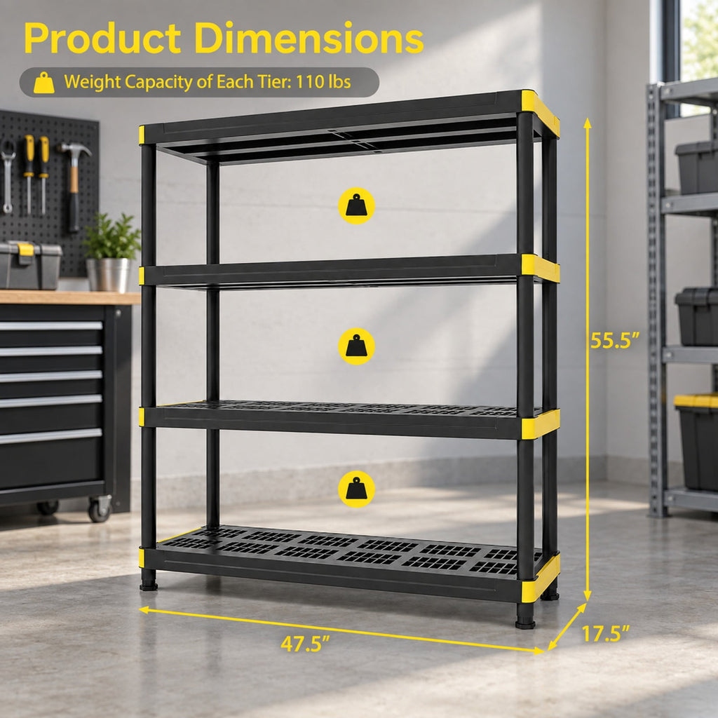 Airfind 4-Tier Plastic Storage Shelf Heavy-Duty Utility Rack Freestanding Storage Rack, PP Frame, 47.5in x 17.5in x 55.5in Footprint, Black