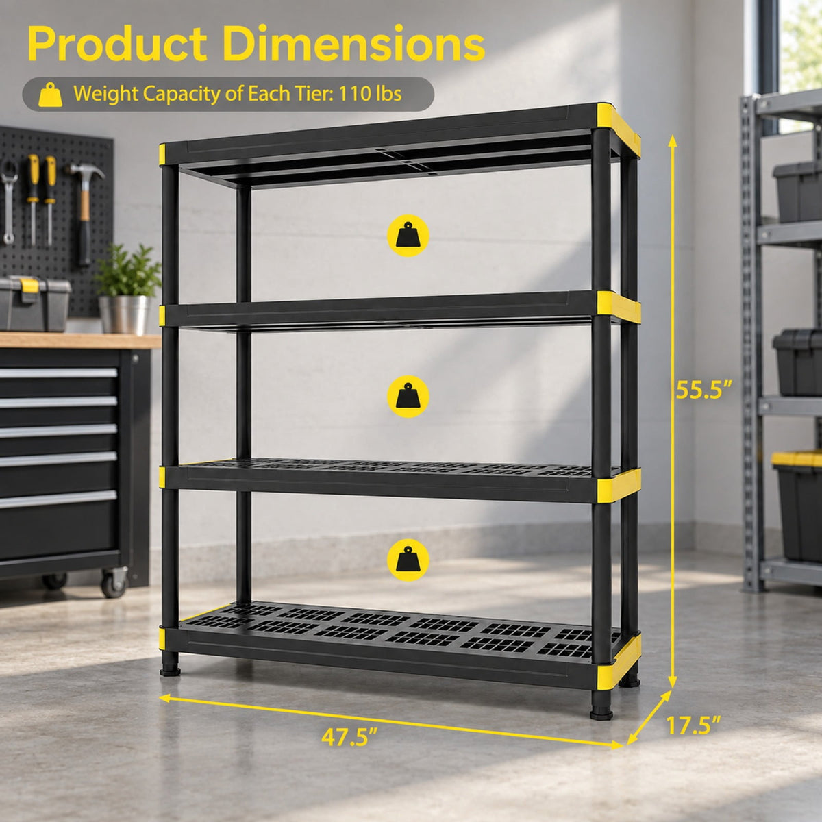 Airfind 4-Tier Plastic Storage Shelf Heavy-Duty Utility Rack Freestanding Storage Rack, PP Frame, 47.5in x 17.5in x 55.5in Footprint, Black