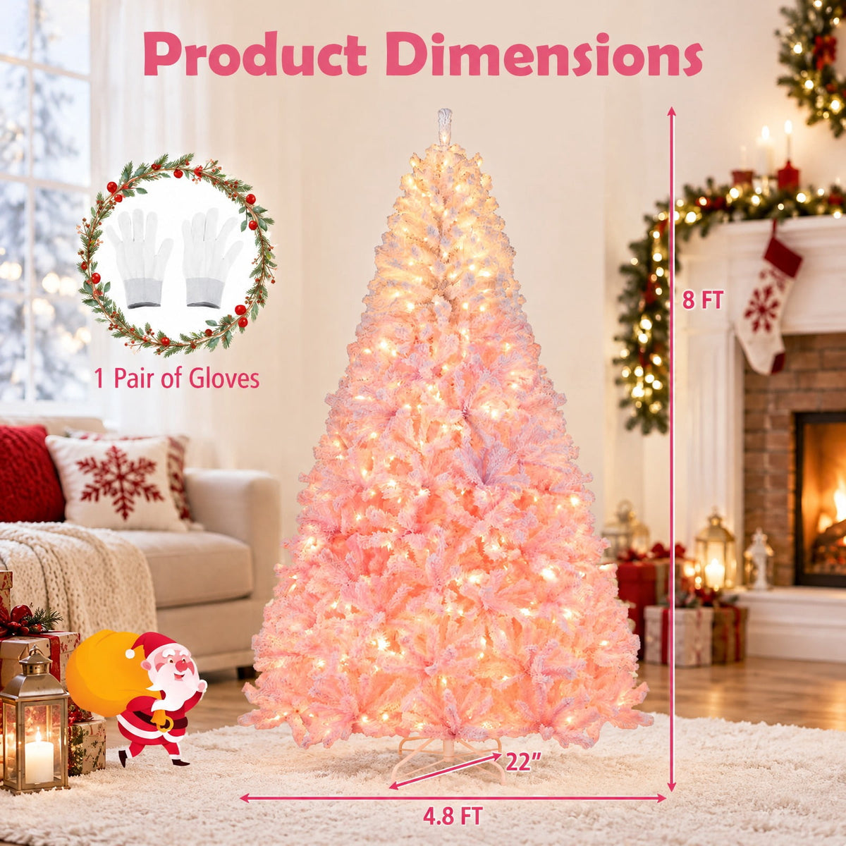 Airfind 8 FT Artificial Christmas Tree with Warm White LED Lights and 8 Modes for Holiday-8 Feet, PVC Metal Frame, Pink
