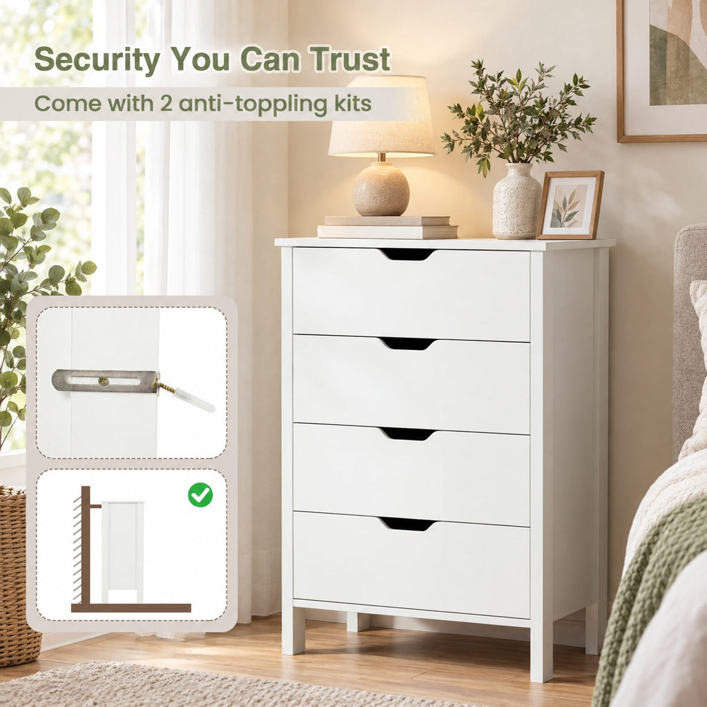 Airfind 4-Drawer Dresser Wooden Nightstand with Anti-Tipping Kits, 44 lbs Capacity, Engineered Wood MDF Frame, 24 x 16 x 37.5 Footprint, White