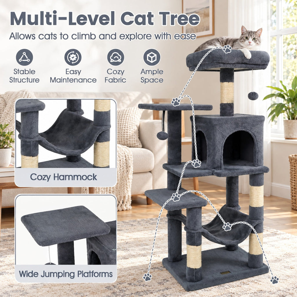 Airfind Multi-Level Cat Tower with 2-Door Condo and Padded Top Perch, PP Cotton Fabric Sisal Engineered Wood Overall Height 44 Base Frame, Gray