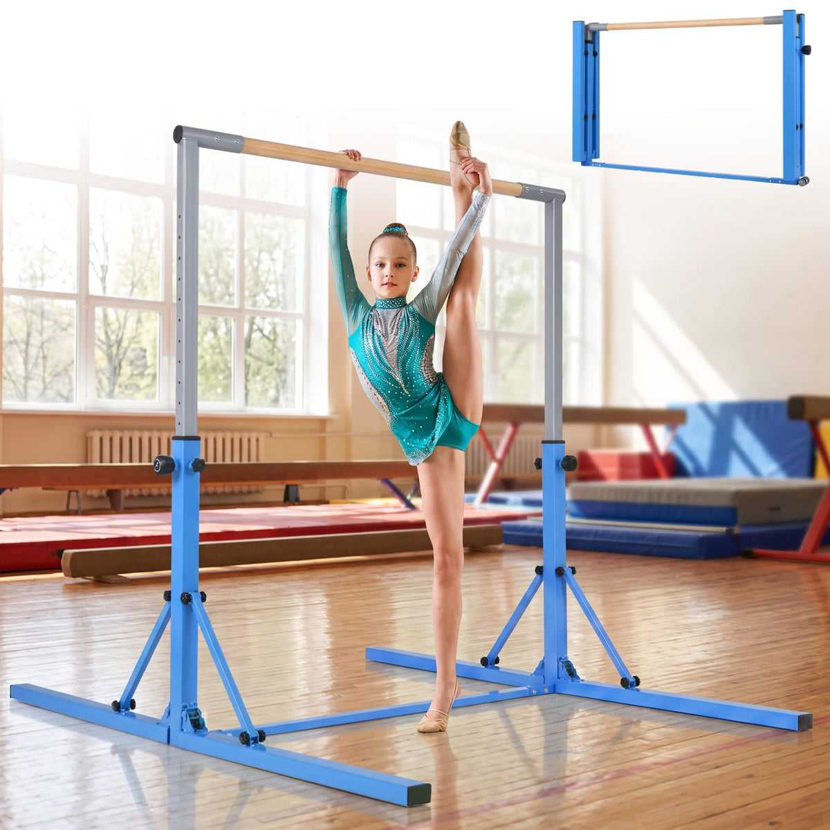Airfind Foldable Gymnastics Bar for Kids with 3 Level Adjustable Height and Bamboo Grip Bar for Home Balance and Coordination Training, Blue