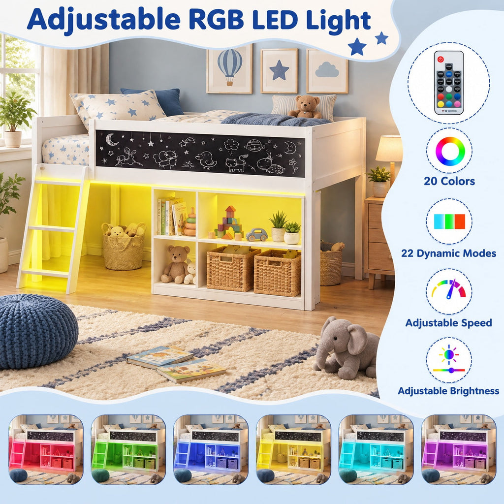 Airfind Twin Size Kids Loft Bed with LED Lights and Removable Bookcase, 350 lbs Capacity, Solid Wood Plywood Engineered Wood Frame, White