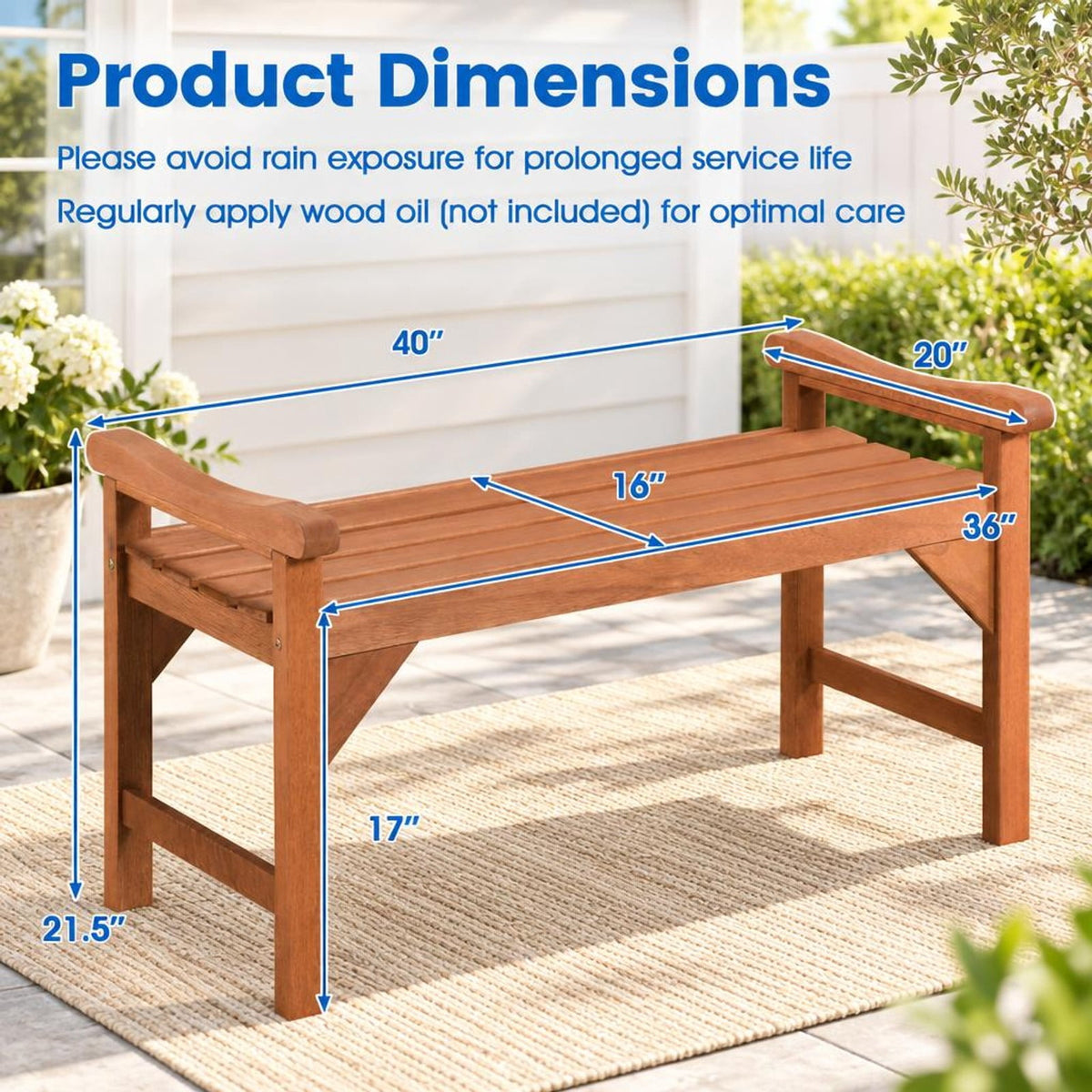 Airfind Set of 2 Solid Wood Backless Garden Bench with Support Handles and Curved Slatted Seat for Deck, 530 lbs Capacity, Wood Frame, Wood