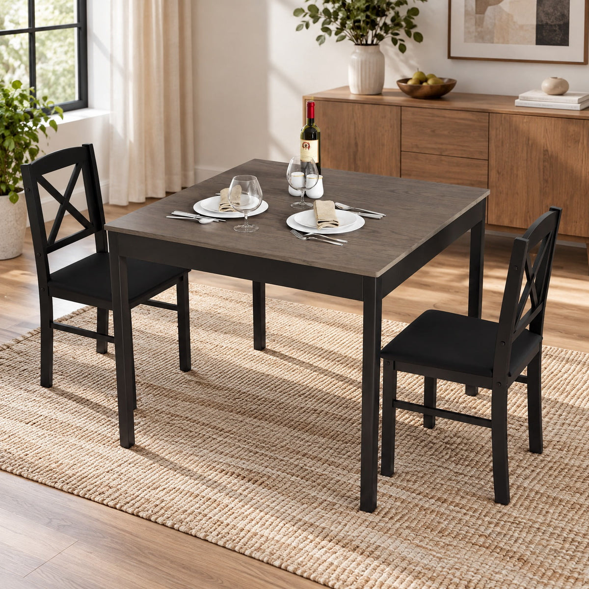 Airfind 3-Piece Dining Table Set Wooden Square Kitchen Table for 2 People, 176 lbs Capacity, MDF Rubber Wood PVC Leather Sponge Plywood Frame, Gray