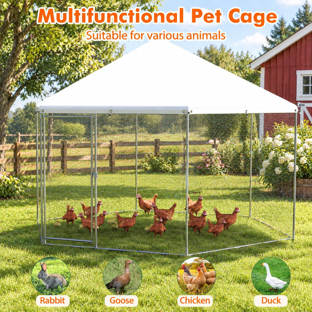 Airfind 13FT Large Metal Hexagonal Chicken Coop with Wire Mesh and Lockable Door, Galvanized Steel 210D Oxford Fabric Frame, Silver