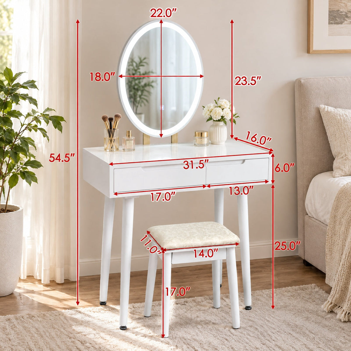 Airfind Touch Screen Vanity Makeup Table Stool Set with Lighted Mirror, MDF paint rubber wood cedar wood Frame, 31.5 x 16 x 54.5 Footprint, White