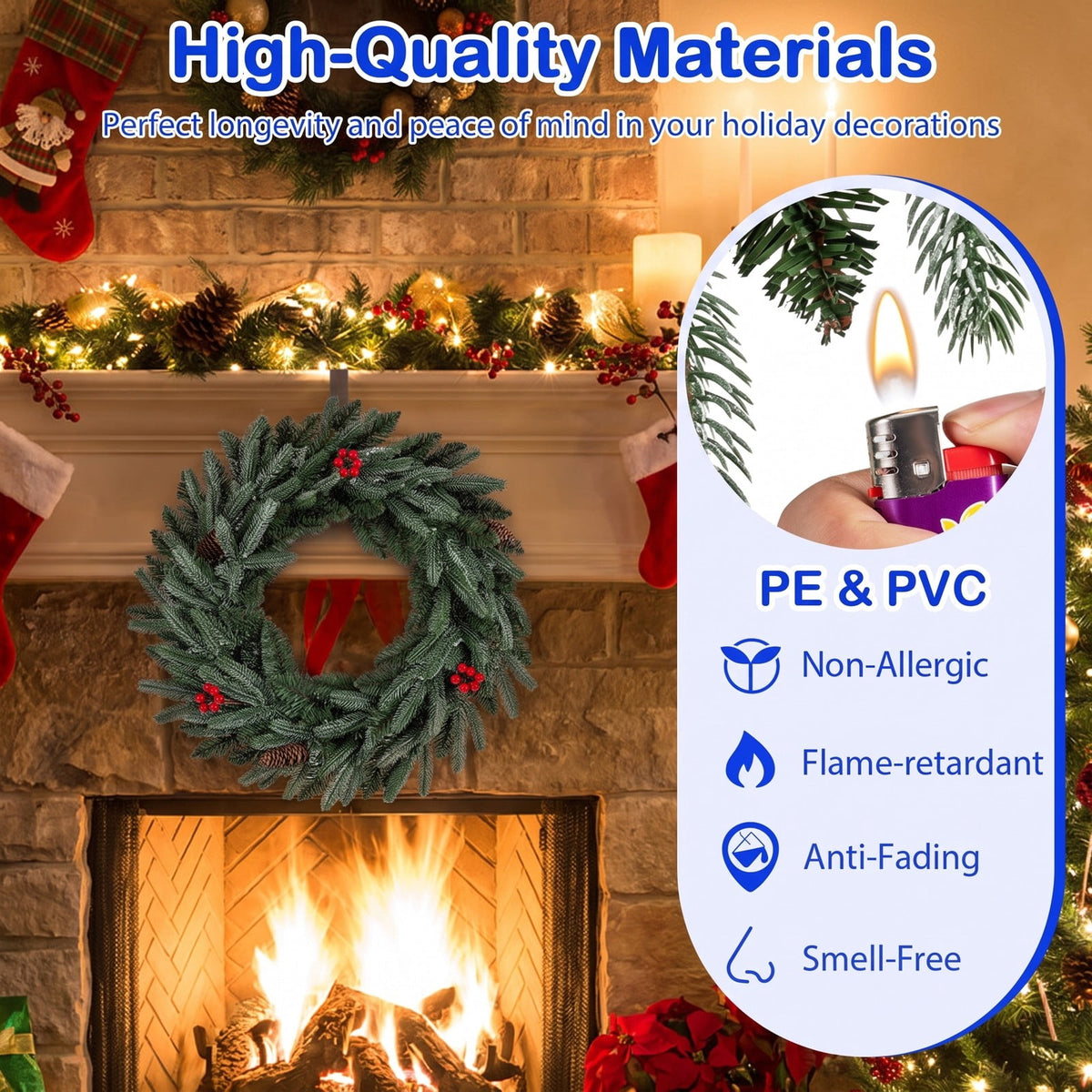 Airfind 24 Pre-lit Christmas Wreath Front Door Artificial Xmas Wreath with 90 Frosted Branch Tips, PVC PE Metal Frame, 24 x 24 Footprint, Green