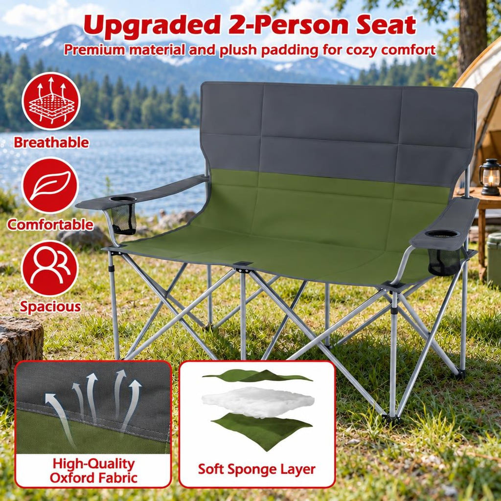 Airfind Double Camping Chair with Carry Bag Cup Holders, 660 lbs Capacity, Metal Oxford Fabric Sponge, 40 Inch x 20.5 Inch x 36.5 Inch , Green