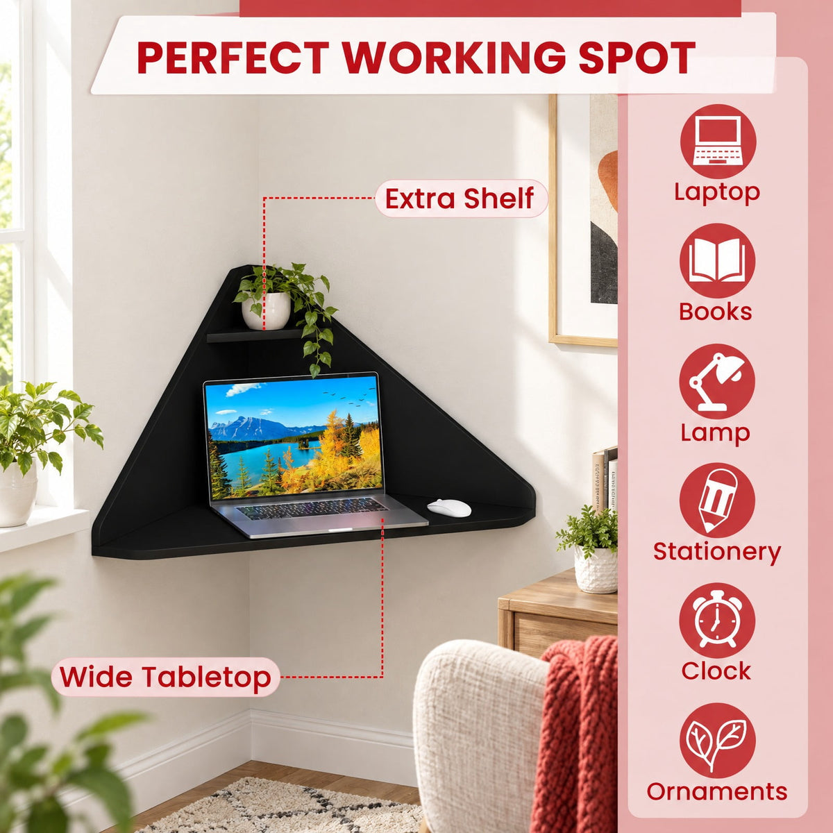 Airfind Floating Triangular Corner Computer Desk with Storage Shelf, Engineered Wood Frame, Black, Overall Dimensions 36.5 Inch x 31 Inch x 18 Inch Sid