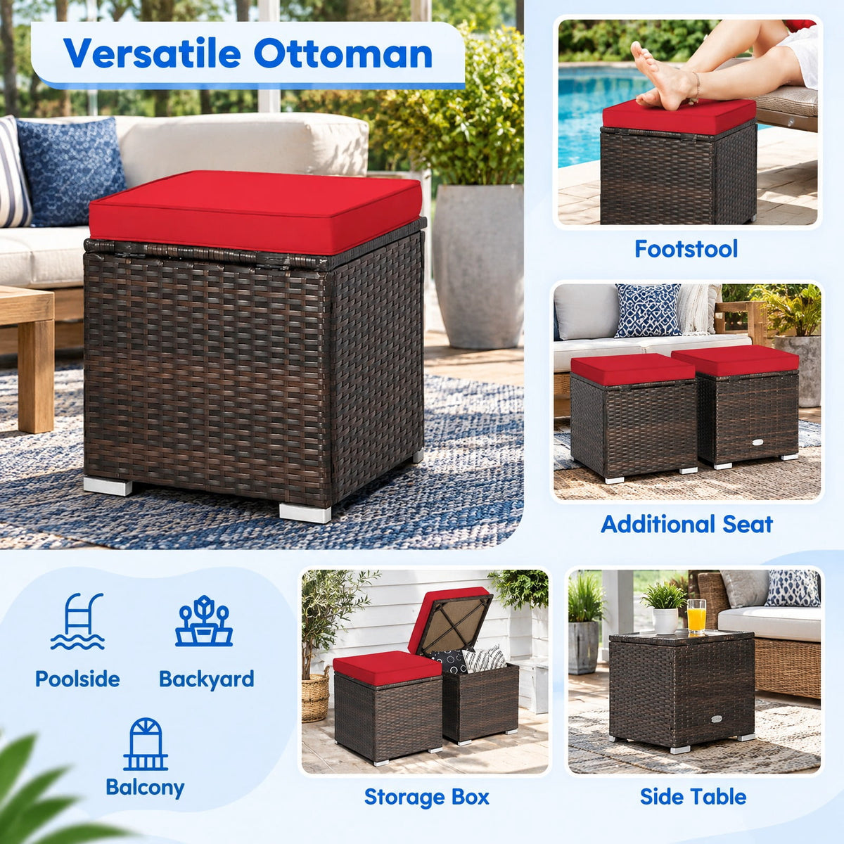 Airfind 2 Pieces Patio Ottoman with Removable Cushions, 350 lbs Capacity, Metal PE Rattan Sponge Polyester Frame, 16 x 16 x 15.5 Footprint, Red