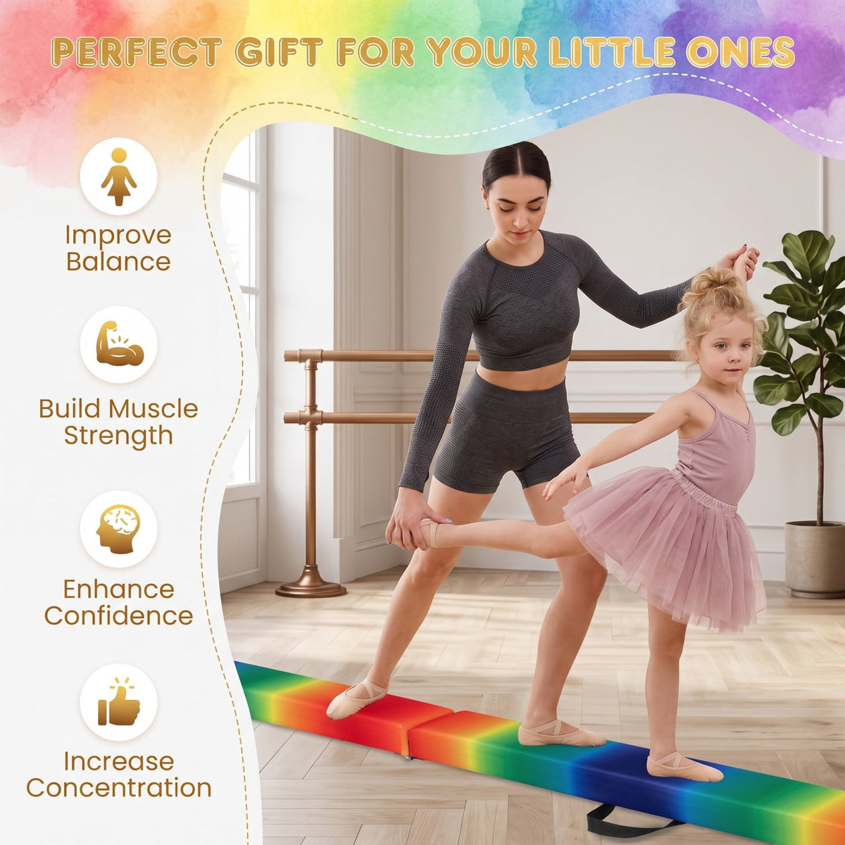 Airfind Folding Balance Beam for Kids with Solid Wood Base and Anti-slip Bottom for Home Gymnastics Training and Practice, Rainbow