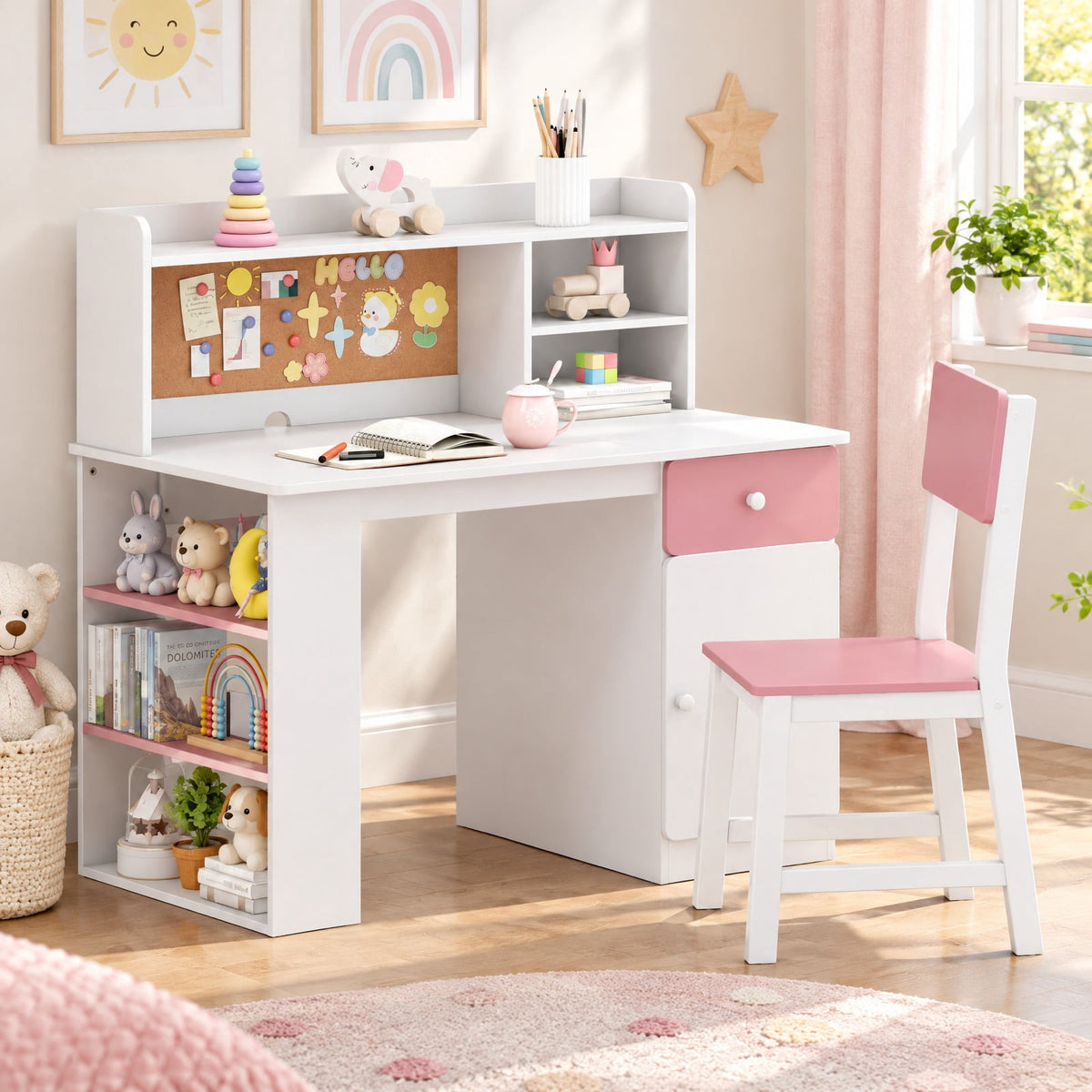 Airfind Desk and Chair Set, Youth, with Hutch and 3-Layer Side Shelf, MDF, 41.5 x 24, Model HY10342PI with Functional Design, Natural