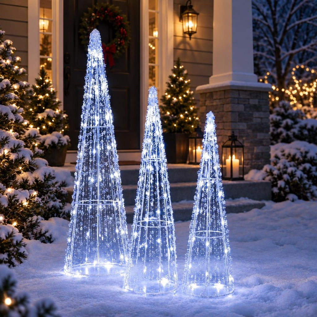 Airfind Set of 3 Pre-lit Christmas Cone Trees with Star Strings for Christmas-Cold White, Metal PS PVC Large Tree Frame, White
