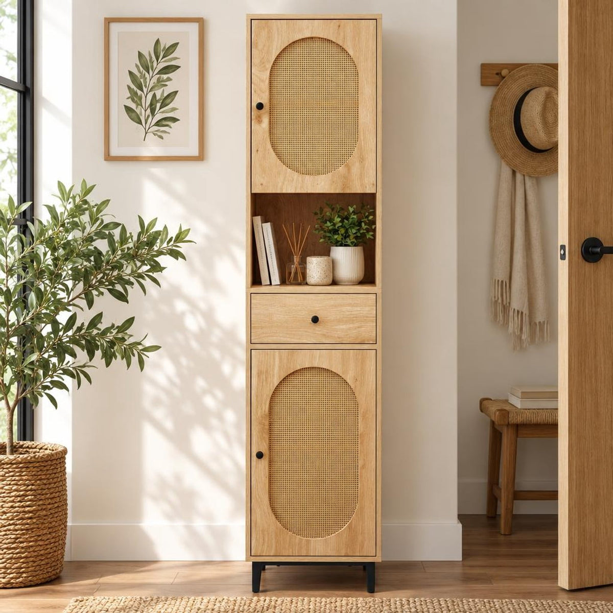 Airfind 67 Inch Tall Bathroom Cabinet PE Rattan Floor Cabinet with 2 Doors, 22 lbs Capacity, PE Rattan Engineered Wood Metal Frame, Natural