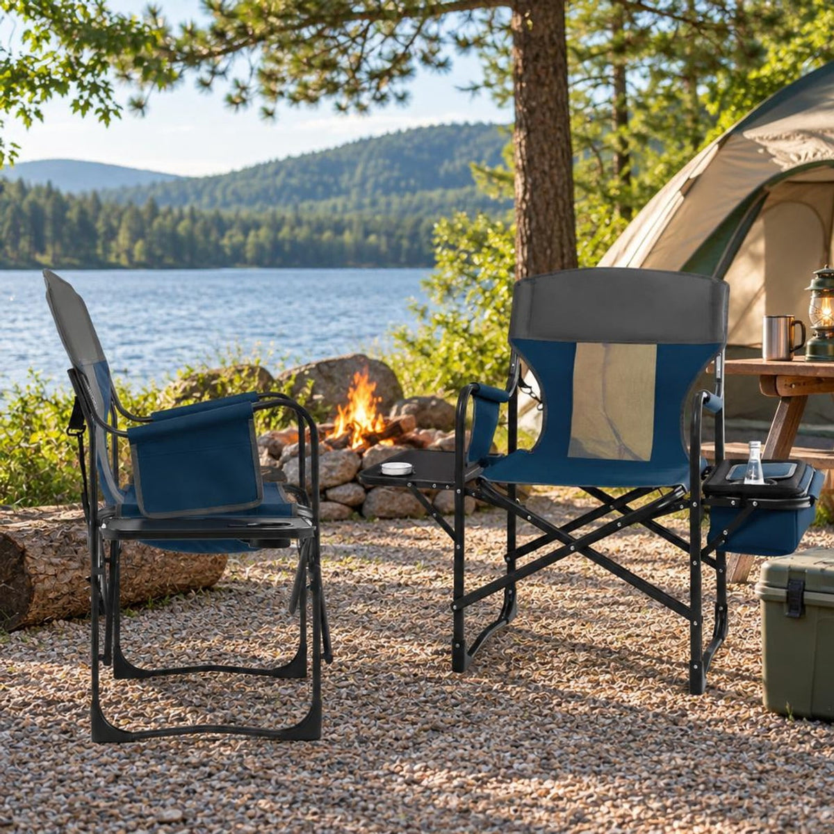 Airfind Folding Camping Directors Chair with Cooler Bag and Side Table, 400 lbs Capacity, Metal Oxford Cloth Frame, 45 x 22 x 39 Footprint, Blue