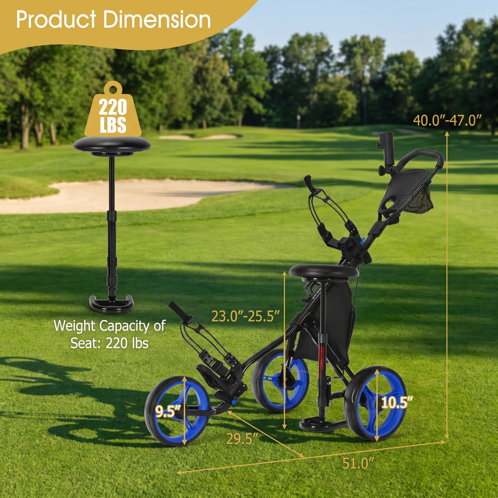 Airfind 3 Wheel Folding Golf Push Cart with Cushioned Seat and Scoreboard and Adjustable Handle and Quick Brake for the Course, Blue
