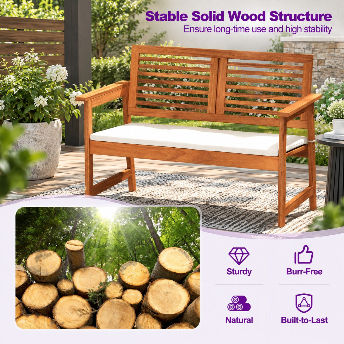 AIRFIND Outdoor Bench for 2 with Solid Wood Frame, Slatted Backrest and Tie-On Seat Cushion, 43.5 inch Patio Loveseat, Natural and Off White