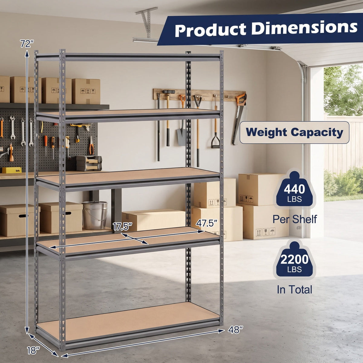 Airfind 5-Tier Garage Shelving Unit 2200 LBS Metal Storage Shelves Adjustable Utility Rack for Warehouse, 440 lbs Capacity, Metal MDF Frame, Gray