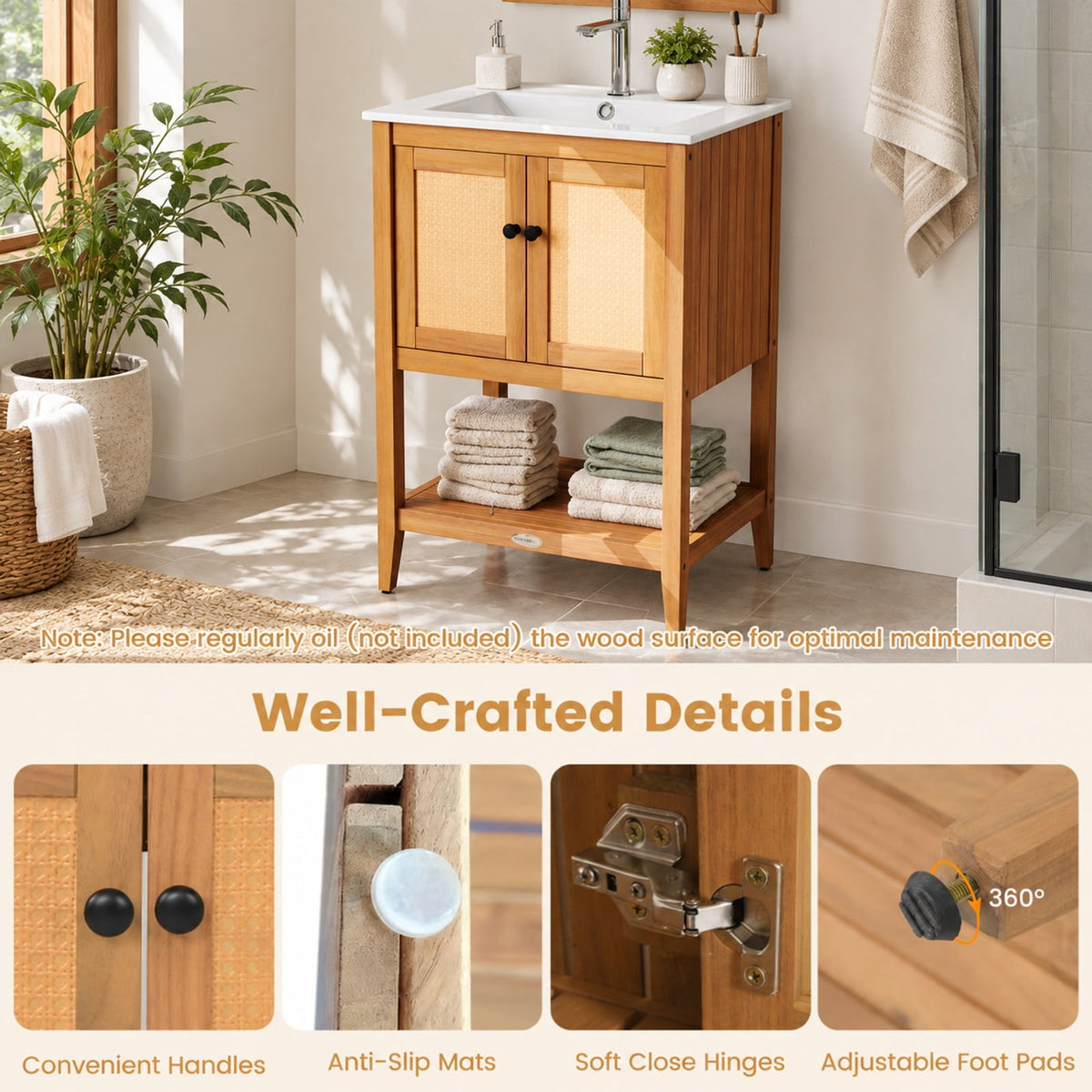 Airfind Bathroom Vanity with Ceramic Sink 2 Rattan Doors and Slatted Shelf, 70 lbs Capacity, Acacia Wood PE Rattan Ceramic Frame, White + Natural