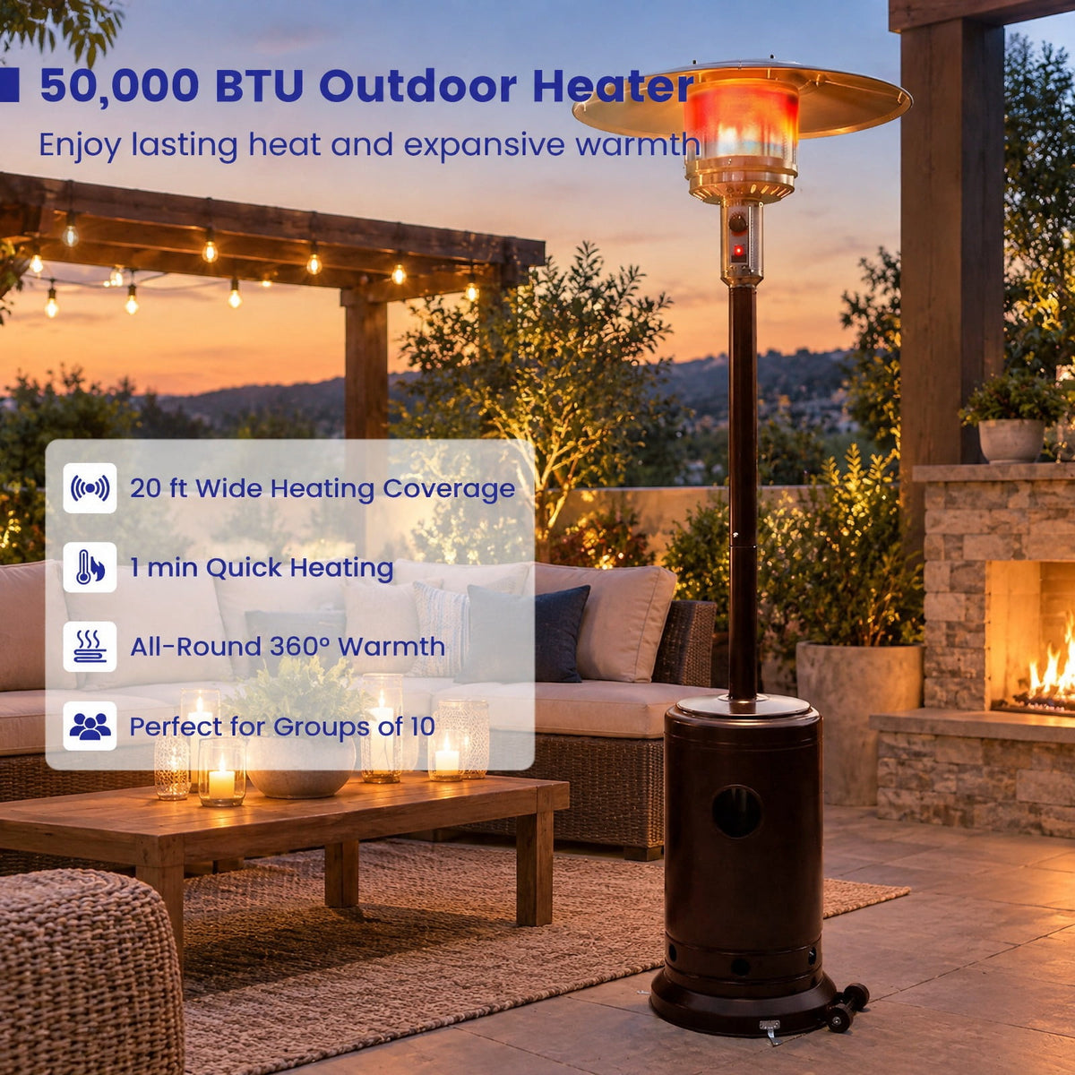 Airfind 50 000 BTU Patio Propane Gas Heater with Stainless Steel Burner, Stainless Steel Metal Aluminum Frame, 32.5in x 86in Footprint, Black