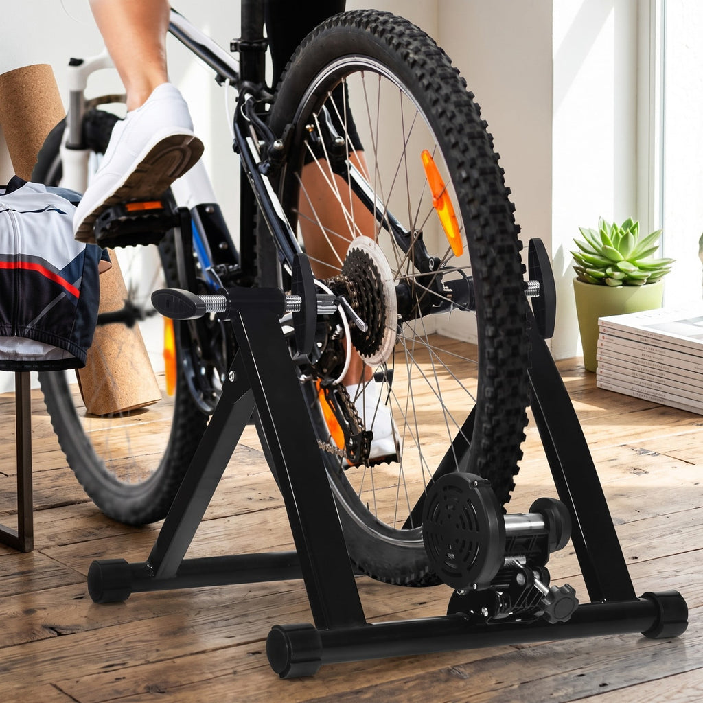 Airfind Portable Folding Steel Bike Trainer Stand, Indoor Exercise Cycling Training Frame with Front Wheel Riser Block and Quick Release for 26-28 Inch Wheels, Black