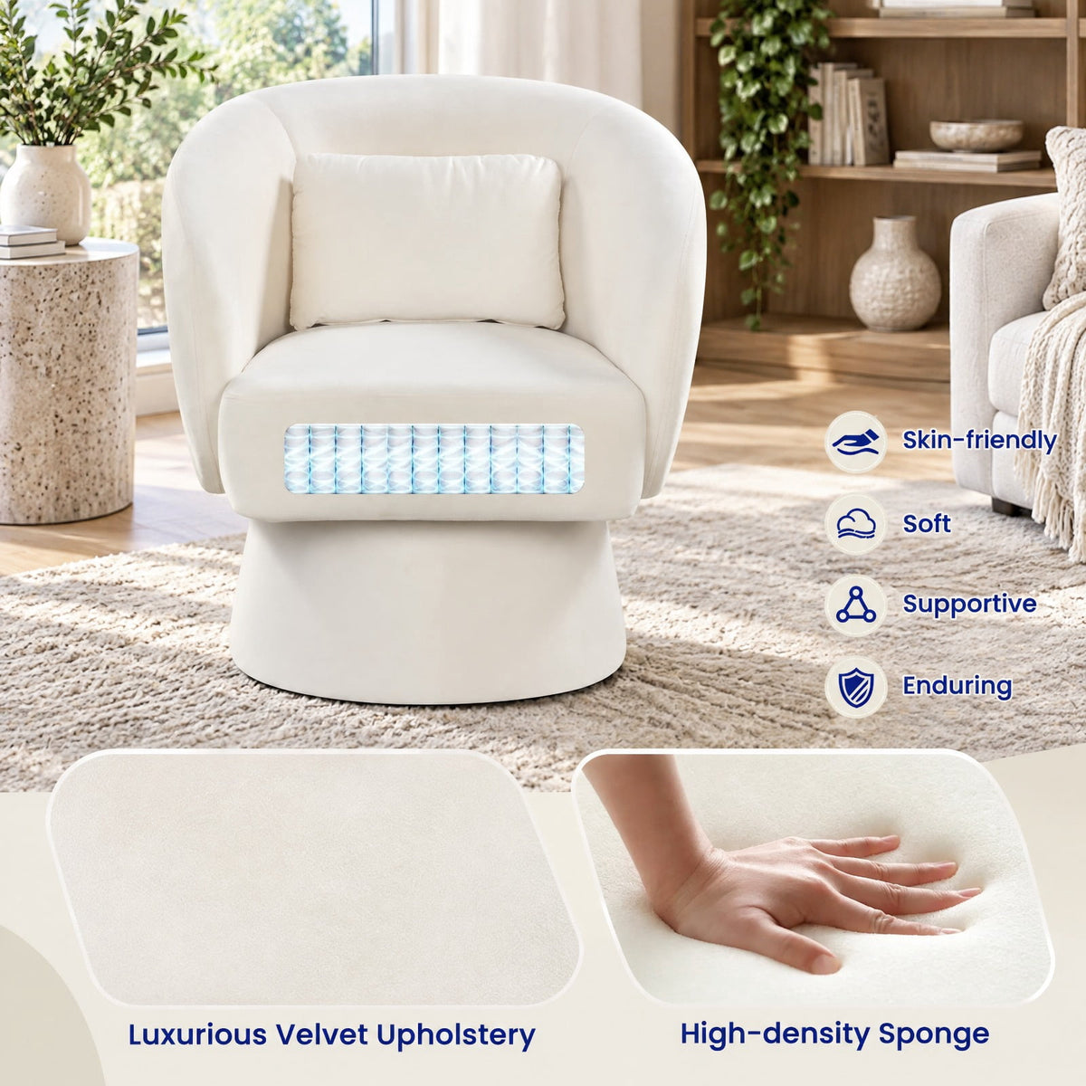 Airfind Swivel Accent Chair Upholstered Barrel Chair with Curved Back and Removable Lumbar Pillow, 400 lbs Capacity, 28.5 x 26.5 x 30.5 Footprint