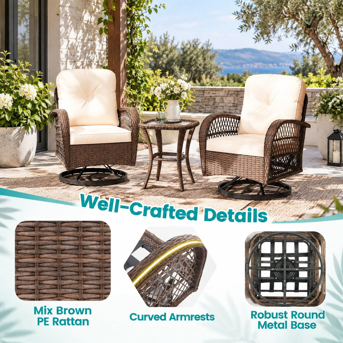 Airfind 3 Piece Patio Swivel Rocker Set with Tempered Glass Side Table and Thick Cushions, Seat 400 lbs Capacity, 33.5 x 29 x 35 Footprint, Brown