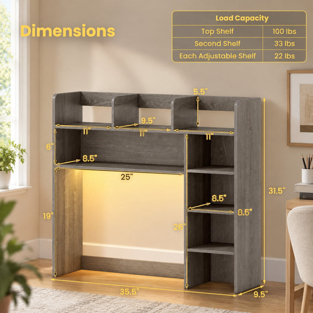 Airfind Desktop Bookshelf with LED Lights 35.5 inch Desk Hutch Storage Organizer, of Top Shelf 100 lbs Capacity, Engineered Wood Frame, Oak