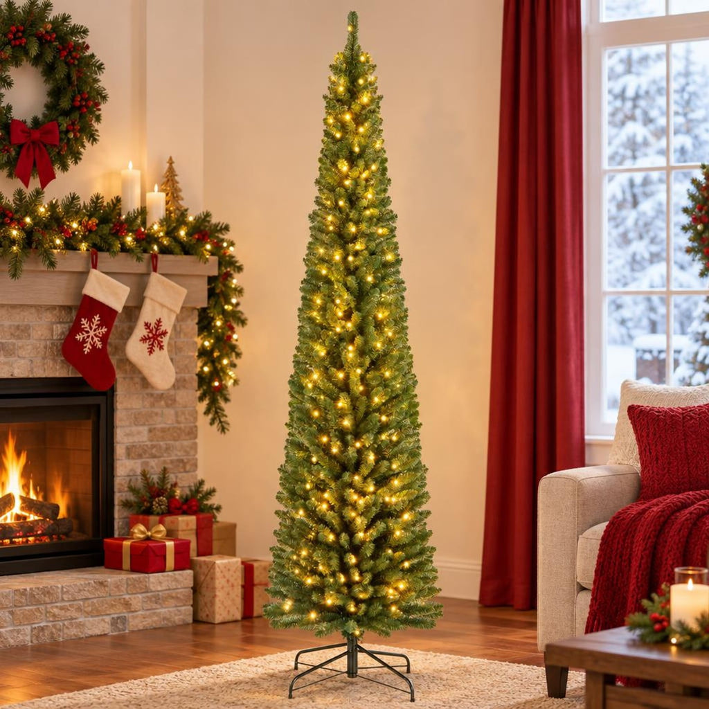 Airfind 8 Ft Prelit Pencil Christmas Tree featuring 250 Warm White LED Lights, Slim Artificial Xmas Tree with 671 Memory Wire Branch Tips, Green