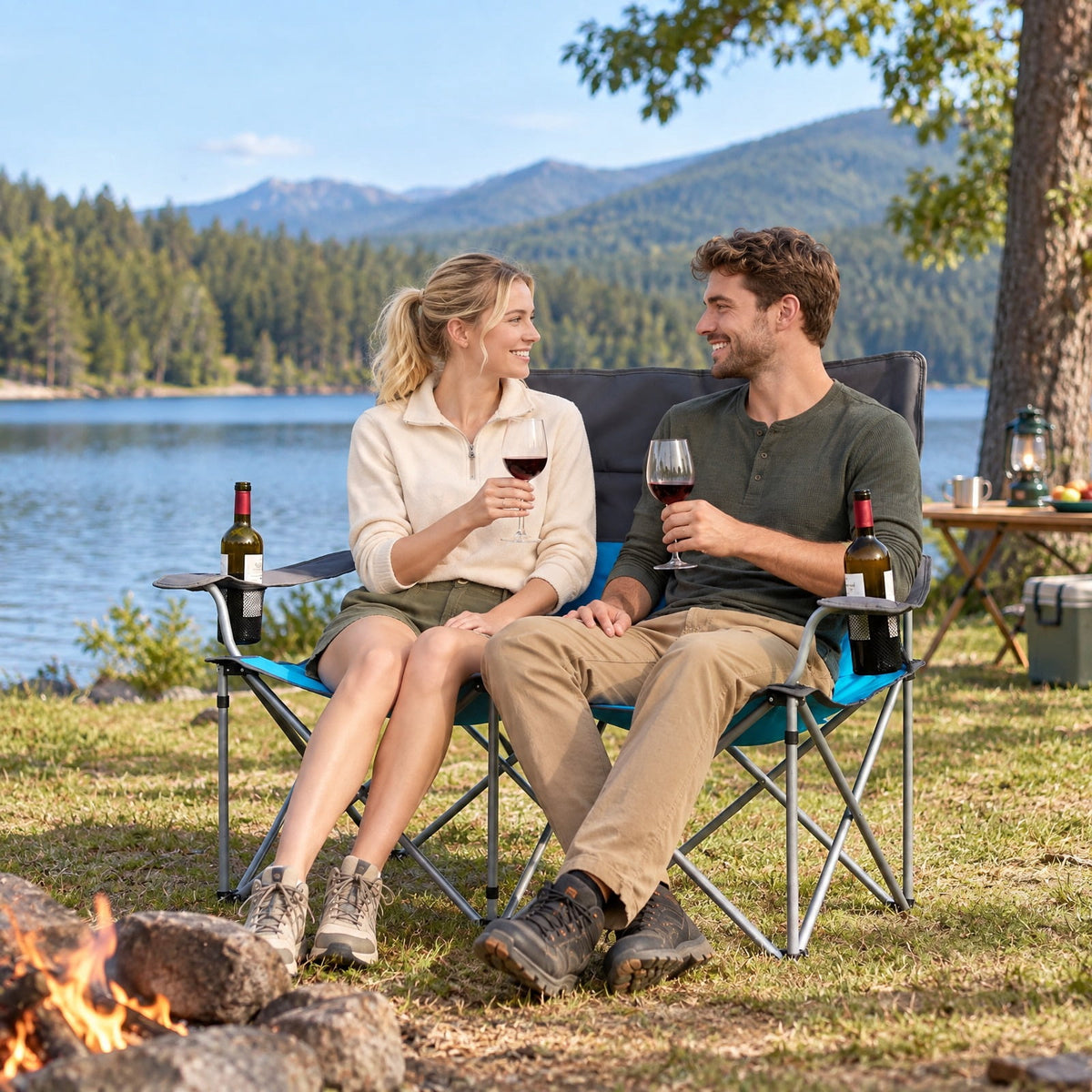 Airfind Double Camping Chair with Carry Bag Cup Holders, 660 lbs Capacity, Metal Oxford Fabric Sponge, 40 Inch x 20.5 Inch x 36.5 Inch , Blue