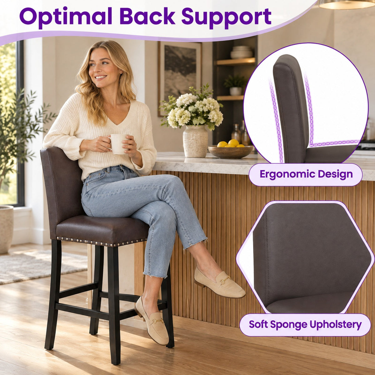 Airfind Set of 2 Bar Stools with Back for Kitchen Island, 245 lbs Capacity, Linen fabric(Gray)/PVC Leather(Black) LVL Frame, Brown