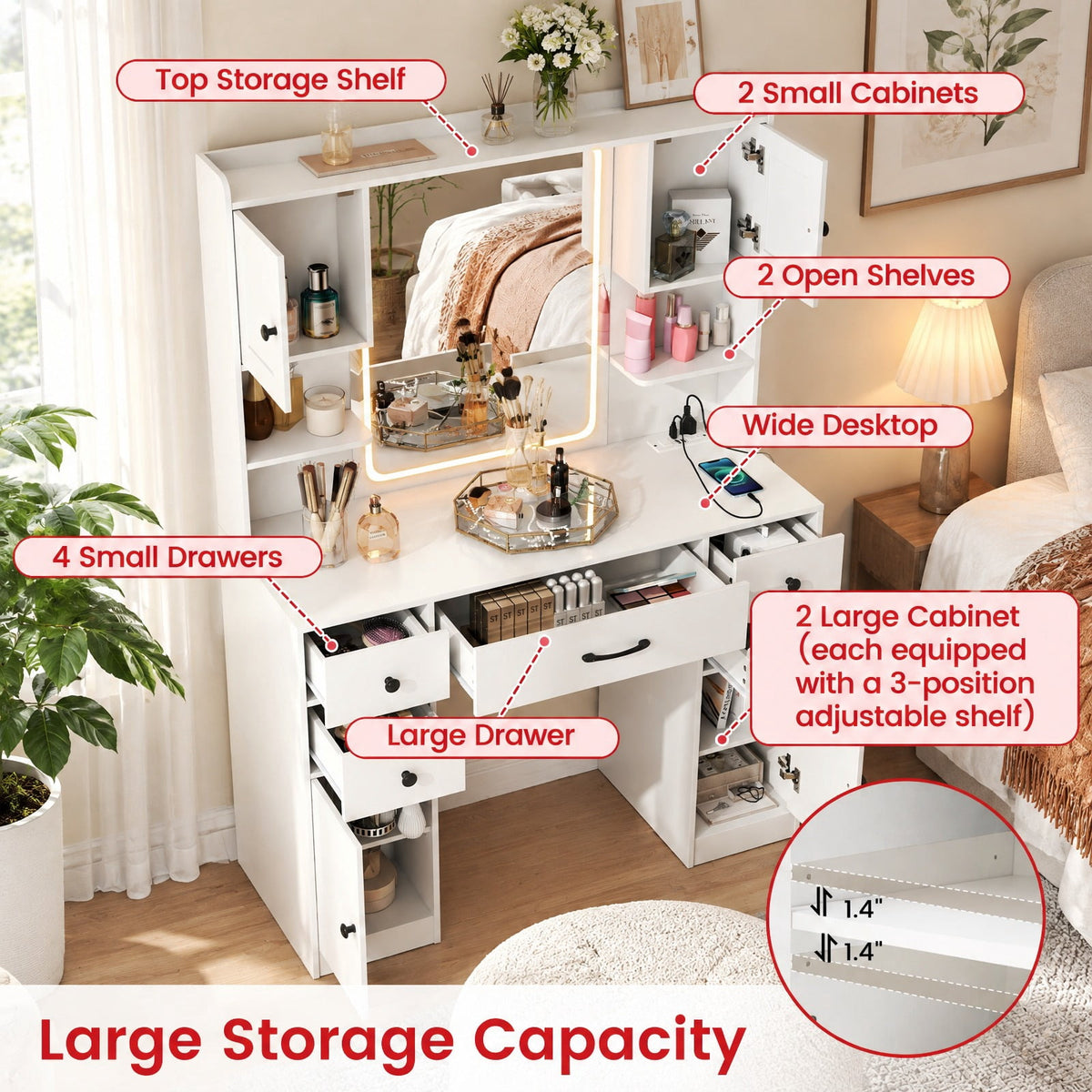 Airfind Makeup Vanity Desk with Lighted Mirror and Charging Station, 110 lbs Capacity, Engineered Wood Frame, 41.5 Inch x 16 Inch x 59 Inch Footprint, White