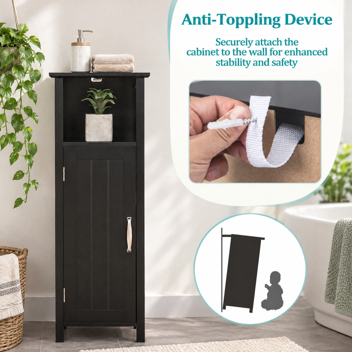 Airfind Bathroom Storage Organizer with 2-Tier Cabinet, 66 lbs Capacity, MDF Frame, 12in x 12in x 31.5in Footprint, Black